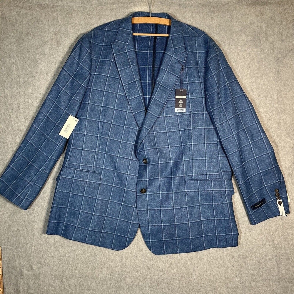 Stafford Blazer Mens 54R Blue Plaid Linen Classic Fit Sports Coat Jacket Preppy